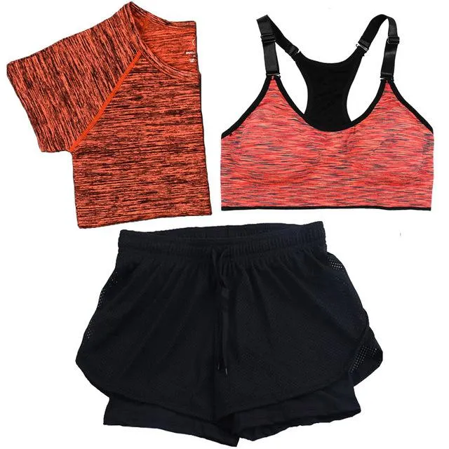 3Pcs/Set Women Tracksuits Sport Suit, Quick Dry Short Sleeve T shirt Bra Short Jogging Running Yoga Sets 5 Colors