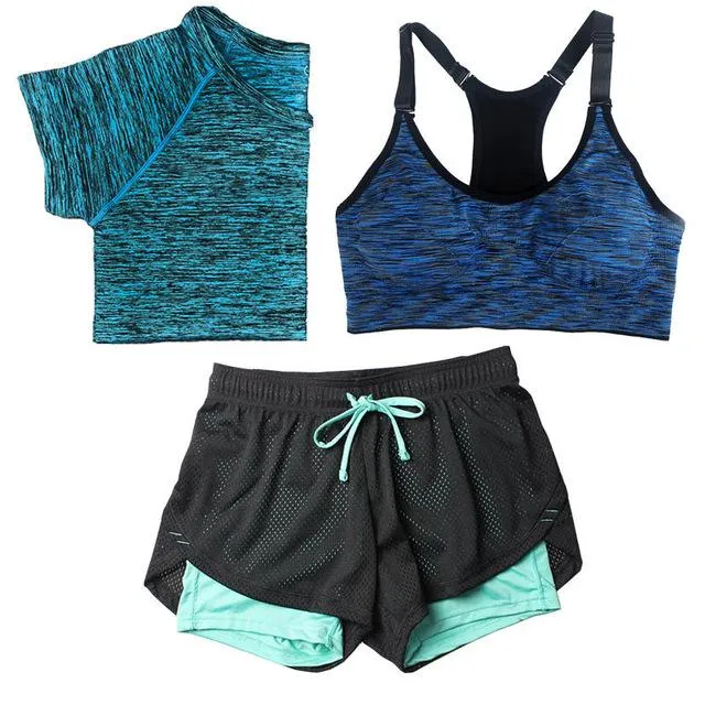 3Pcs/Set Women Tracksuits Sport Suit, Quick Dry Short Sleeve T shirt Bra Short Jogging Running Yoga Sets 5 Colors