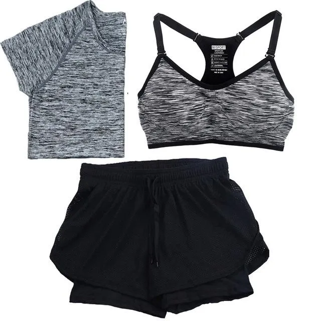 3Pcs/Set Women Tracksuits Sport Suit, Quick Dry Short Sleeve T shirt Bra Short Jogging Running Yoga Sets 5 Colors