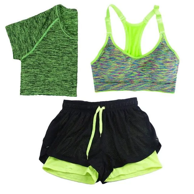3Pcs/Set Women Tracksuits Sport Suit, Quick Dry Short Sleeve T shirt Bra Short Jogging Running Yoga Sets 5 Colors