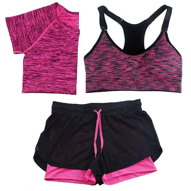 3Pcs/Set Women Tracksuits Sport Suit, Quick Dry Short Sleeve T shirt Bra Short Jogging Running Yoga Sets 5 Colors