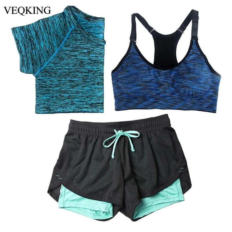 3Pcs/Set Women Tracksuits Sport Suit, Quick Dry Short Sleeve T shirt Bra Short Jogging Running Yoga Sets 5 Colors