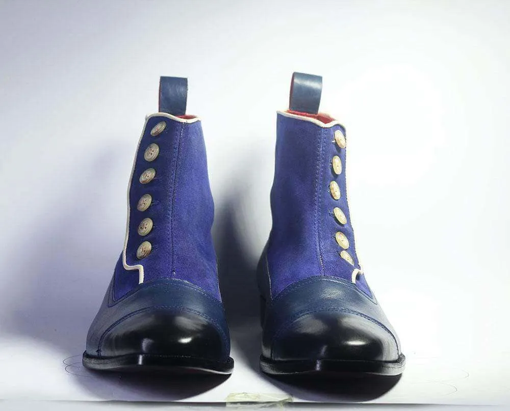 Beautiful Handmade Men's Blue Cap Toe Ankle High Boots, Men Leather Suede Button Designer Boots