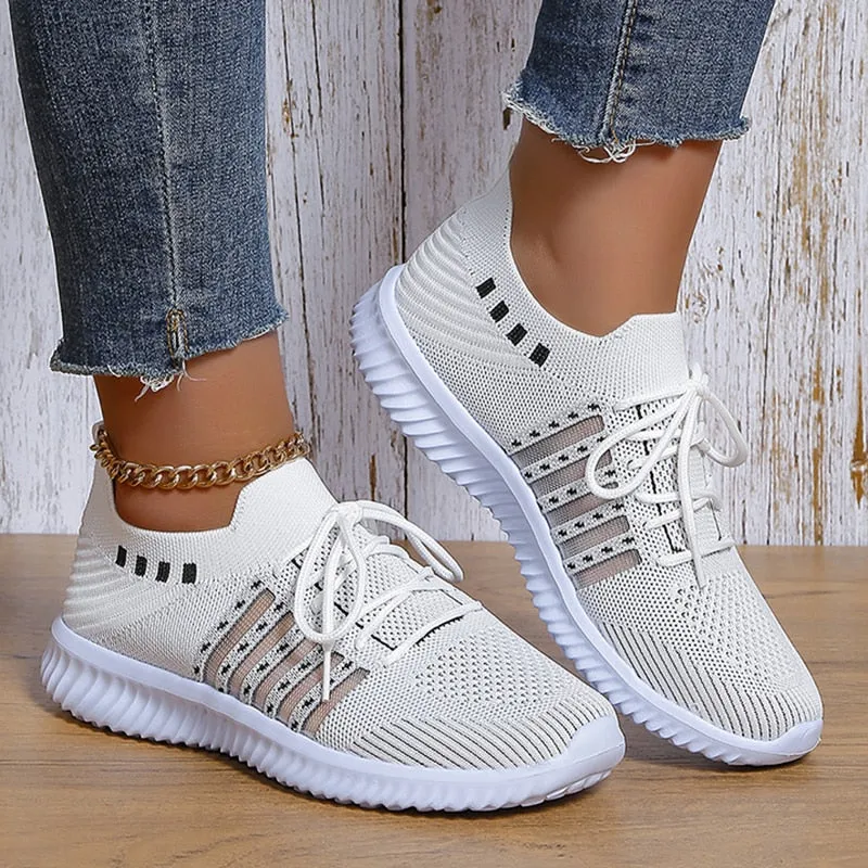 Breathable Mesh Knitted Casual Shoes Women  Autumn Flat Heels White Sneakers Woman Plus Size 43 Anti Slip Vulcanized Shoes