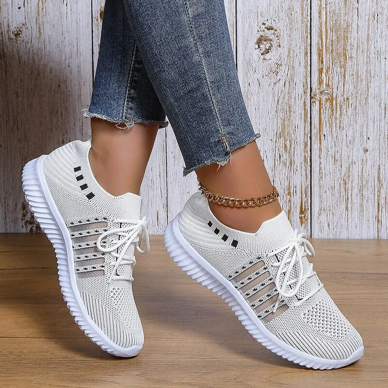 Breathable Mesh Knitted Casual Shoes Women  Autumn Flat Heels White Sneakers Woman Plus Size 43 Anti Slip Vulcanized Shoes