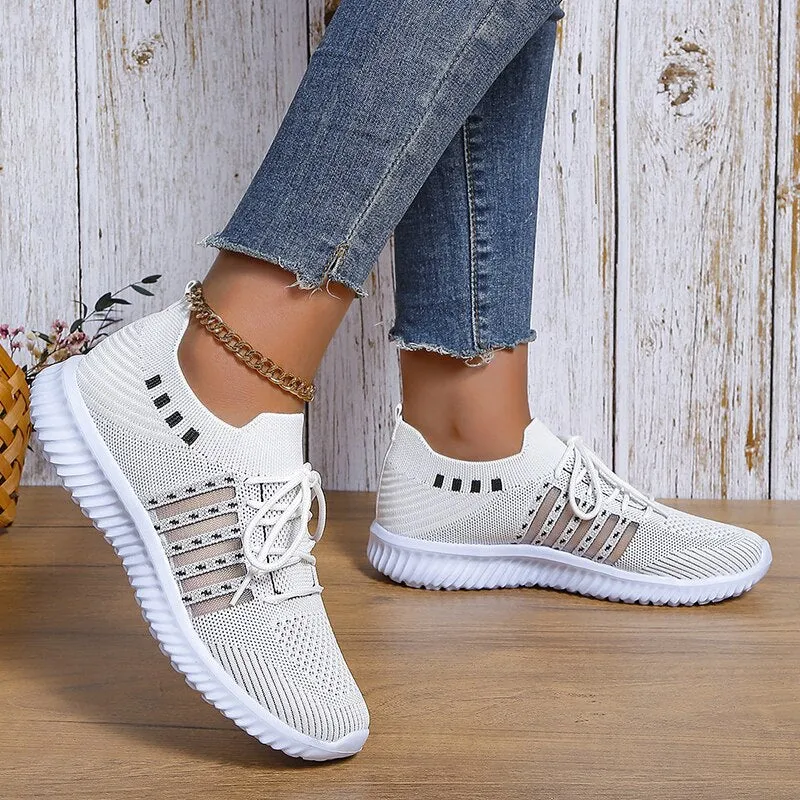 Breathable Mesh Knitted Casual Shoes Women  Autumn Flat Heels White Sneakers Woman Plus Size 43 Anti Slip Vulcanized Shoes