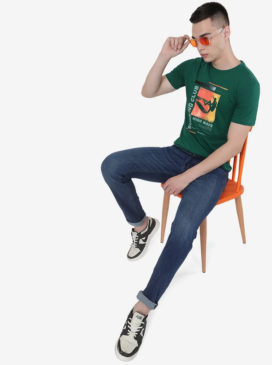 Dark Green Printed Slim Fit T-Shirt | Greenfibre