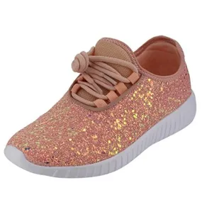 Forever Link Women's Remy-18 Glitter Lace Up Low Top Flat Sneakers Dusty Rose