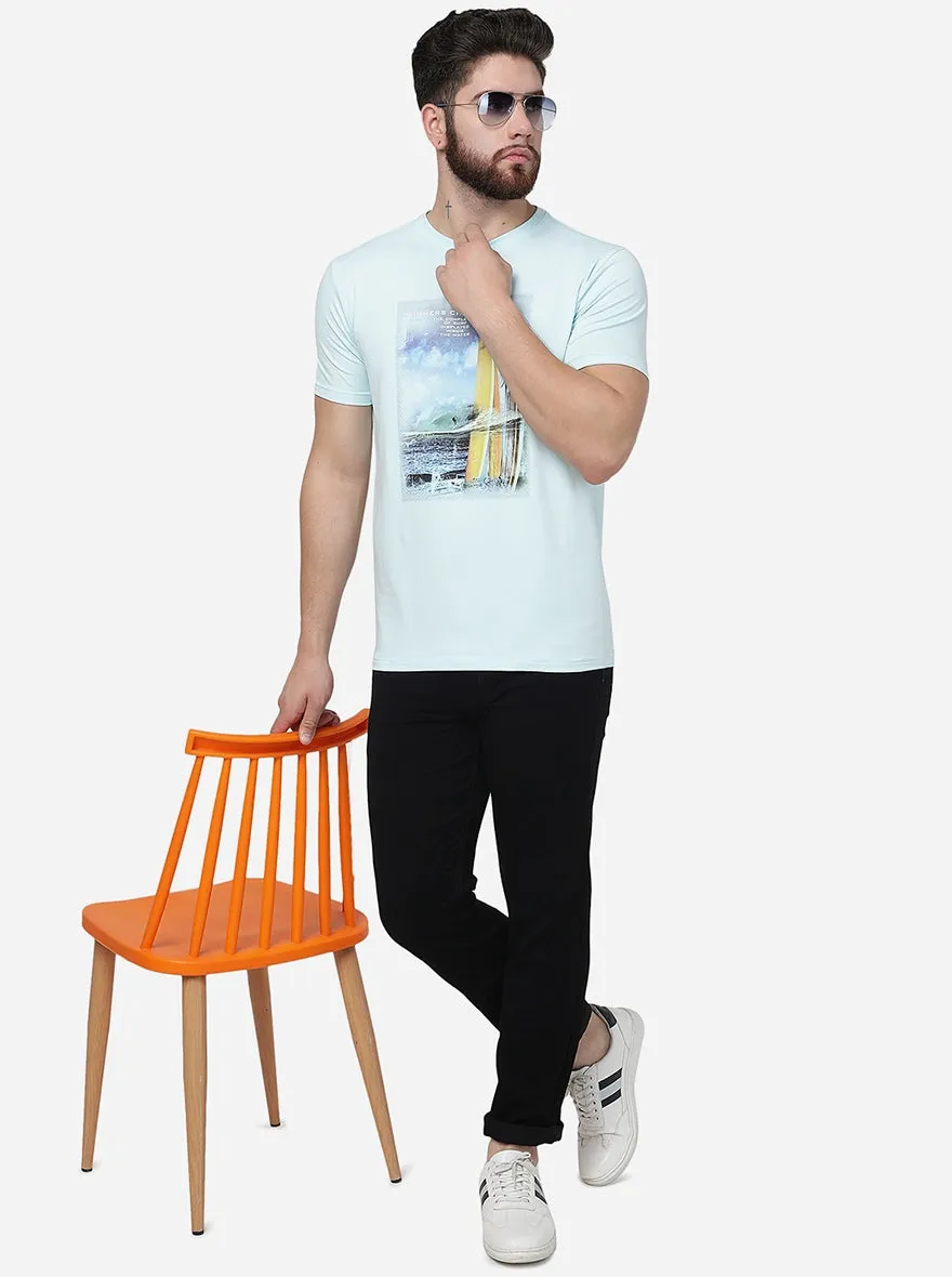 Glass Blue Printed Slim Fit T-Shirt | JadeBlue