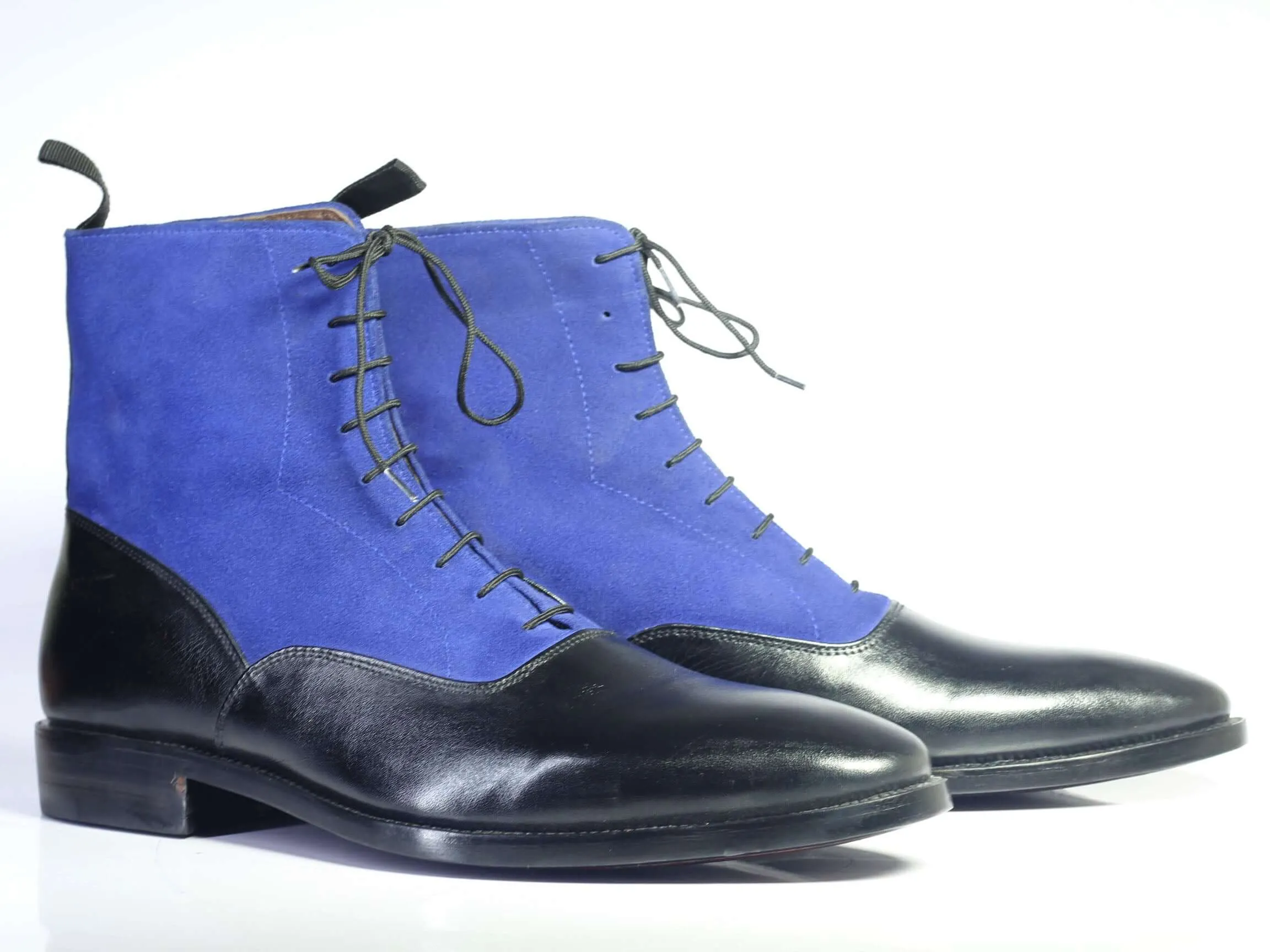 Handmade Men's Black Leather Blue Suede Lace Up Boots, Men Ankle Boots, Men Designer Boots