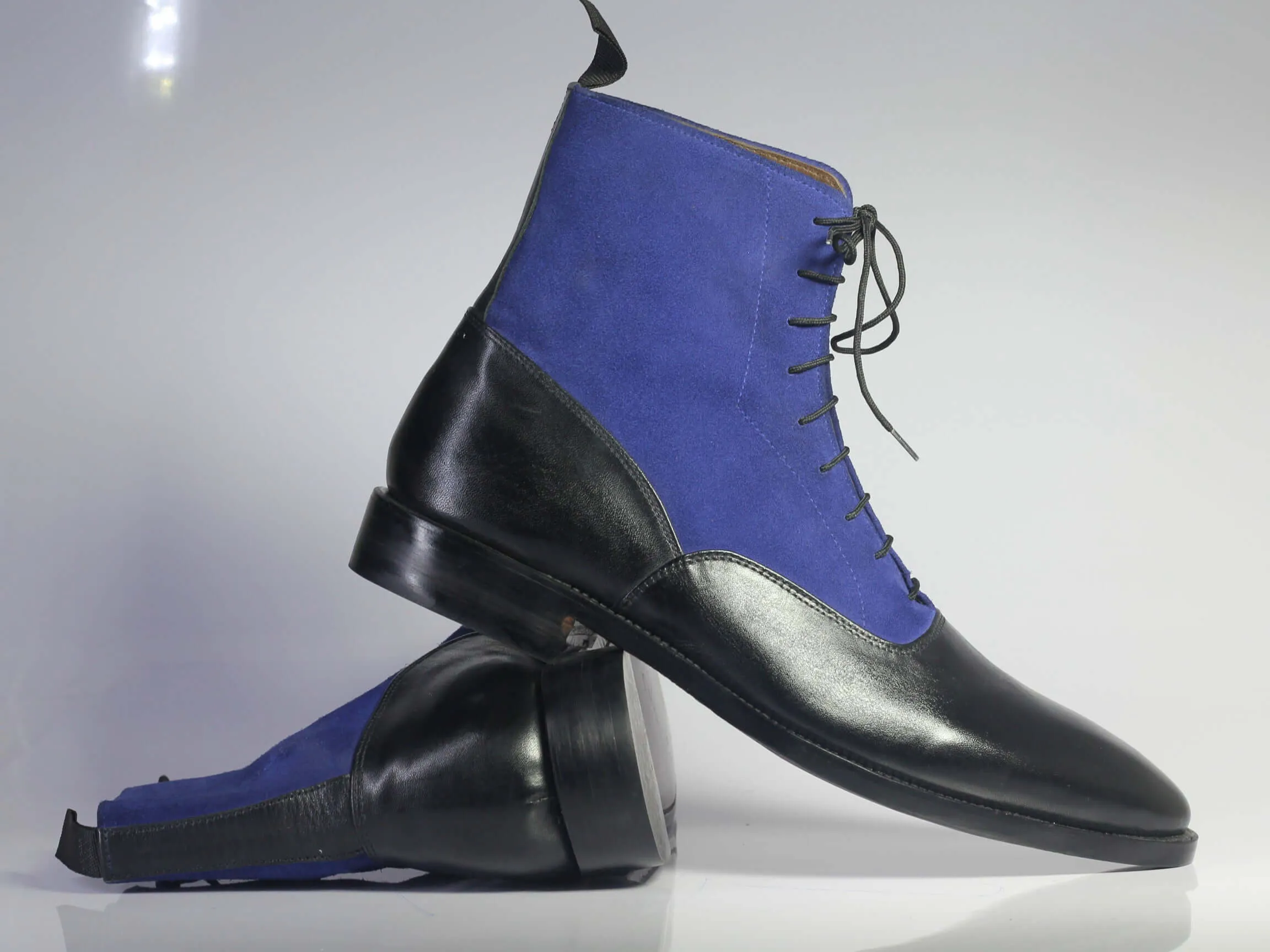 Handmade Men's Black Leather Blue Suede Lace Up Boots, Men Ankle Boots, Men Designer Boots