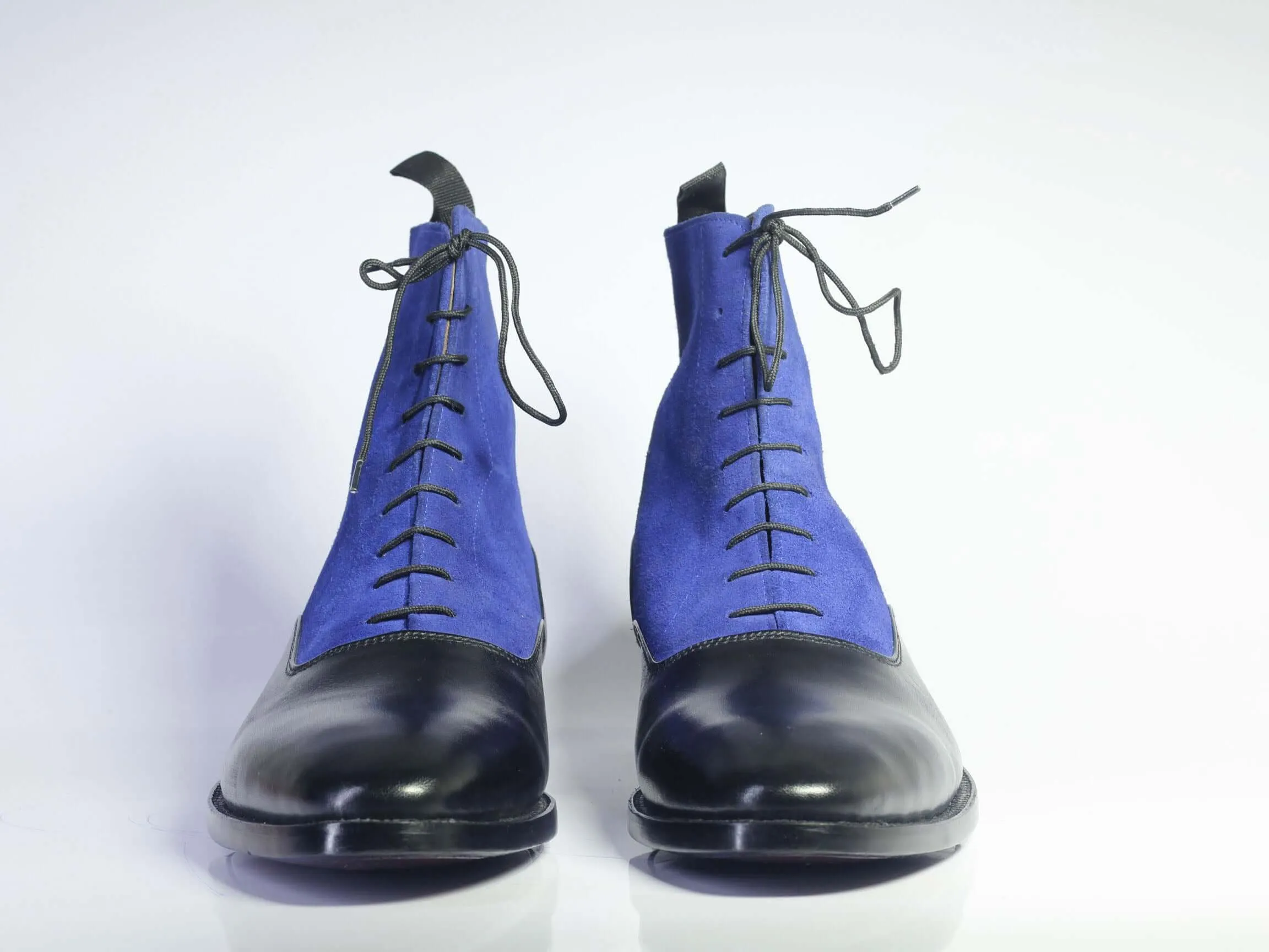 Handmade Men's Black Leather Blue Suede Lace Up Boots, Men Ankle Boots, Men Designer Boots