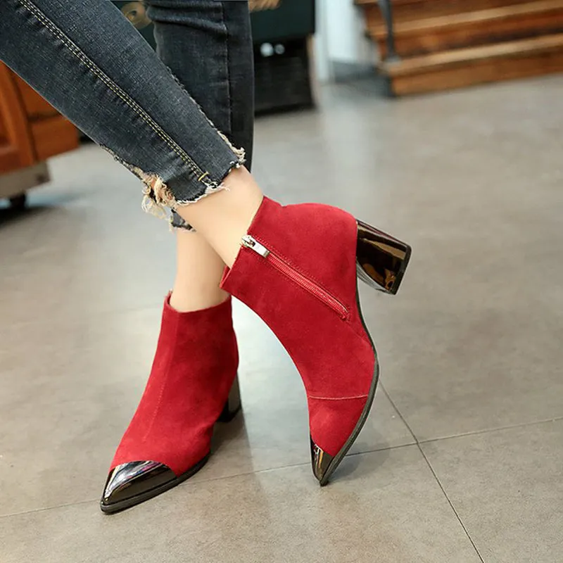 Women's Autumn Flock Leather Square-Heeled Ankle Boots